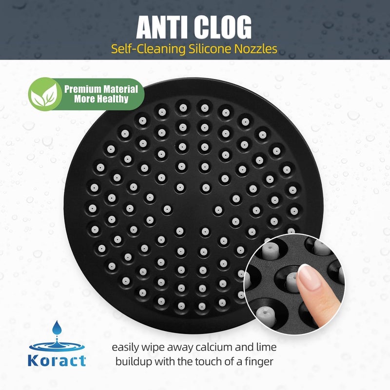 Koract رأس دش عالي الضغط مطر جودة ممتازة تصميم فاخر فوهات سيليكون مضادة للاحتباس قابلة للتعديل بديل لرؤوس دش الحمام (6 بوصة دائري) (أسود غير لامع) - Image 5